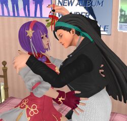 3d about_to_kiss asamiya_athena black_hair hair_ornament idol kagura_chizuru kiss lesbian_couple mistletoe priestess psycho_soldier purple_hair snk star_(symbol) star_hair_ornament the_king_of_fighters the_king_of_fighters_xv white_headgear xnalara_(medium) yuri