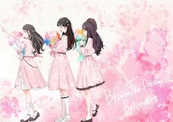 3girls 4th_live_dream_~bloom_the_dream_believers~ animification black_hair black_shoes bouquet closed_eyes closed_mouth clothing_cutout commentary_request dream_believers flower frilled_socks frills full_body grey_hair hair_ornament hanamiya_nina highres holding holding_bouquet jin_(oihlf) kneehighs link!_like!_love_live! long_sleeves love_live! multicolored_hair multiple_girls official_alternate_costume open_mouth pink_background pointing profile real_life red_hair sasaki_kotoko shoes short_sleeves shoulder_cutout smile socks star_(symbol) star_hair_ornament streaked_hair tsukine_kona two_side_up voice_actor white_socks