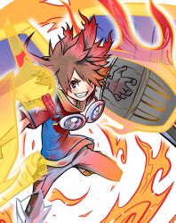 Rule 34 | 1boy, absurdres, claws, digimon, fire, goggles, goggles around neck, highres, male focus, naoki akamine, smile, solo, wargreymon, yagami taichi