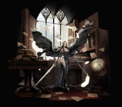 Rule 34 | 1girl, absurdres, black hair, book, book stack, bookshelf, borrowed character, breasts, dark-skinned female, dark elf, dark skin, dress, dual wielding, elf, feathers, globe, gun, highres, holding, holding sword, holding weapon, large breasts, long dress, long hair, long pointy ears, looking at viewer, original, pointy ears, rifle, sebakanken, solo, sword, thighs, watermark, weapon, winchester model 1887, yellow eyes