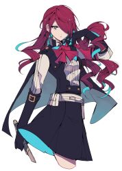 1girl gekkoukan_high_school_uniform gloves hair_over_one_eye highres kirijou_mitsuru long_hair long_sleeves persona persona_3 persona_3_reload red_eyes red_hair ribbon school_uniform shirt simple_background skirt solo teketeke_(tasutekete) weapon