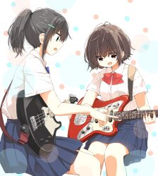 2girls :o ahoge bass_guitar black_hair blue_bow blue_bowtie blue_skirt bow bowtie breasts brown_eyes brown_hair collared_shirt commentary_request dress_shirt electric_guitar feet_out_of_frame fender_jaguar guitar guitar_strap hair_tie highres holding holding_bass_guitar holding_guitar holding_instrument instrument invisible_chair knees_together_feet_apart light_blush long_hair looking_at_object matsuda_hikari miniskirt multiple_girls music open_mouth original playing_guitar playing_instrument pleated_skirt pointing pointing_at_object ponytail red_bow red_bowtie school_uniform shirt short_hair short_sleeves sidelocks sideways_mouth sitting skirt small_breasts white_shirt yamaha_broadbass