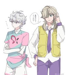 Rule 34 | 2boys, arven (pokemon), bede (pokemon), closed mouth, collared shirt, commentary request, crossed arms, curly hair, green eyes, grey hair, hair over one eye, hand up, highres, long hair, male focus, multiple boys, necktie, nintendo, open clothes, open vest, pants, pokemon, pokemon sv, pokemon swsh, purple eyes, purple necktie, purple pants, shinogo no, shirt, short hair, shorts, simple background, speech bubble, striped clothes, striped shirt, thought bubble, tied shirt, translation request, undershirt, vest, white background, white shirt, white shorts, yellow vest