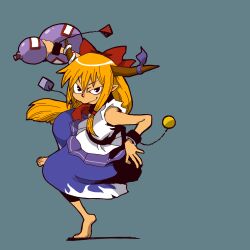 Rule 34 | 1girl, barefoot, black eyes, blue background, blue skirt, bow, bowtie, brown horns, closed mouth, commentary request, cube, cuffs, full body, gourd, hair bow, horn bow, horn ornament, horns, ibuki suika, long hair, looking at viewer, onikobe rin, orange hair, orb, purple bow, red bow, red bowtie, shirt, sidelocks, simple background, skirt, sleeveless, sleeveless shirt, smile, solo, touhou, v-shaped eyebrows, white shirt