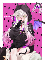 1boy 1girl black_hair black_hands black_jacket blush body_markings breasts choker cleavage colored_extremities crossed_bangs demon_girl demon_horns demon_wings emoji fate/grand_order fate_(series) fujimaru_ritsuka_(male) fujimaru_ritsuka_(male)_(decisive_battle_chaldea_uniform) green_eyes grey_hair hair_between_eyes highres hood horns human_chair human_furniture jacket laughing lilith_(fate) lilith_(first_ascension)_(fate) long_hair long_sleeves low_twintails medium_breasts open_mouth short_hair sitting sitting_on_person smile thigh_strap thighs twintails white_jacket wings xunicandy