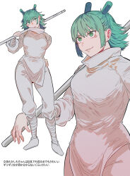 1girl aqua_hair bandaged_arm bandaged_leg bandages breasts double_bun facial_mark genderswap genderswap_(mtf) green_eyes green_hair hair_between_eyes hair_bun hand_on_own_hip high_collar highres holding holding_staff jujutsu_kaisen kashimo_hajime medium_breasts over_shoulder pants shirt short_hair sidelocks simple_background smile solo staff takeshi_(user_vnzt5773) weapon weapon_over_shoulder white_background white_footwear white_pants white_shirt wide_hips