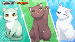 Rule 34 | :&lt;, :3, :d, animal ear fluff, animal ears, animal hands, animalization, artist request, blue eyes, brown cat, brown eyes, cacao (nekopara), cat, cat ears, cat fantasy, cat paws, cat tail, chocola (nekopara), closed mouth, commentary request, copyright name, expressionless, fangs, full body, green cat, happy, highres, korean commentary, looking at viewer, multicolored background, nekopara, no humans, official art, one eye closed, open mouth, paw up, scratching head, simple background, sitting, smile, sparkle, tail, teeth, tsurime, upper teeth only, vanilla (nekopara), waving, white cat, yellow eyes, zoom layer