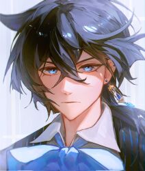 1boy black_hair black_jacket blue_bow blue_eyes bow collared_shirt commentary crossed_bangs double-parted_bangs earrings english_commentary eyelashes highres jacket jewelry male_focus open_clothes open_collar open_jacket piercing pinstripe_jacket pinstripe_pattern shirt short_hair single_earring solo suit_jacket upper_body vanitas_(vanitas_no_carte) vanitas_no_carte white_shirt wing_collar zieru
