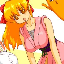 1girl azumanga_daiou breasts brown_eyes cat cosplay female_focus fishnets from_below hanging_breasts japanese_clothes kimono large_breasts looking_down lowres medium_breasts mesousa mihama_chiyo&#039;s_father ninin_ga_shinobuden obi open_mouth pani_poni_dash! puckered_lips rabbit red_hair sash shinobu shinobu_(cosplay) shinobu_(ninin_ga_shinobuden) shiratori_suzune short_kimono solo