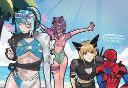 1boy against_pillar ass backless_swimsuit blonde_hair blood blue_lips breasts butterfly_cutout butterfly_ornament cleavage cleavage_cutout clothing_cutout crop_top derkdrew124 gloves green_one-piece_swimsuit holding holding_weapon long_hair looking_at_viewer luna_snow luna_snow_(cool_summer) magik_(x-men) marvel marvel_rivals mask navel nosebleed official_alternate_costume one-piece_swimsuit psylocke psylocke_(breezy_butterfly) purple_hair shorts spider-man spider-man_(series) swimsuit two-tone_swimsuit weapon x-men yuri