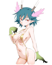 1girl blue_hair breasts c_(control) female_focus funnyari gloves horns large_breasts navel pointy_ears q_(control) red_eyes short_hair simple_background slingshot_swimsuit solo swimsuit white_background