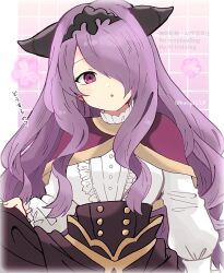 1girl aged_down blush camilla_(fire_emblem) camilla_(young_beauty)_(fire_emblem) capelet fake_horns fire_emblem fire_emblem_fates fire_emblem_heroes hair_over_one_eye highres horns kiriya_(552260) long_hair nintendo official_alternate_costume open_mouth parted_lips purple_capelet purple_eyes purple_hair solo tiara upper_body wavy_hair
