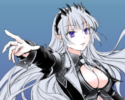 Rule 34 | 1girl, between breasts, black horns, black vest, blue background, breasts, cleavage, commentary request, grey hair, grey neckerchief, grey shirt, highres, honey strap, horns, lace shirt, large breasts, long hair, long sleeves, looking at viewer, mole, mole under eye, nanashi inc., neckerchief, necktie, necktie between breasts, open mouth, pointy ears, shirt, simple background, solo, sougetsu eli, upper body, vest, virtual youtuber, yuki shuuka