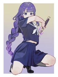 1girl alternate_costume arm_up blue_pupils blunt_bangs braid chinese_commentary covering_own_mouth genshin_impact gradient_background gradient_hair grey_socks highres holding holding_sword holding_weapon long_braid looking_at_viewer mole mole_under_eye multicolored_eyes multicolored_hair no_hair_ornament on_one_knee purple_eyes purple_hair raiden_shogun school_uniform shade short_sleeves single_braid skirt socks solo sword thighs tongxin901 weapon