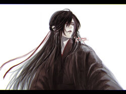 1010923 1boy ahoge black_hair black_hanfu chinese_clothes closed_mouth hair_between_eyes hair_down hair_ribbon half_updo hanfu headband highres letterboxed long_hair long_sleeves looking_to_the_side male_focus modao_zushi official_alternate_hairstyle red_eyes red_ribbon ribbon robe sidelocks simple_background solo twitter_username upper_body very_long_hair watermark wei_wuxian wei_wuxian_(yiling_laozu) white_background
