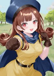 1girl :d alena_(dq4) belt black_belt blue_cape blue_hat blue_sky blunt_bangs breasts brown_gloves cape clenched_hand clenched_hands commentary_request curly_hair day dragon_quest dragon_quest_iv dress fang gloves grass hat long_hair medium_breasts meno_forte open_mouth outdoors red_eyes sky smile solo tree upper_body yellow_dress