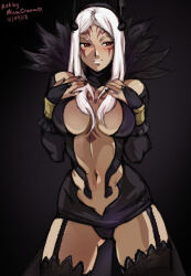 1girl 2018 artist_name aversa_(fire_emblem) black_nails blush breasts cameltoe dark-skinned_female dark_skin dated facial_mark female_focus fire_emblem fire_emblem_awakening garter_straps intelligent_systems large_breasts looking_to_the_side mina_cream nail_polish navel nintendo nipples nude orange_eyes thighhighs thighs white_hair