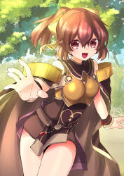 1girl :d absurdres armor bare_shoulders bow breastplate brown_cape brown_eyes brown_hair cape cowboy_shot delthea_(fire_emblem) dress fang fire_emblem fire_emblem_echoes:_shadows_of_valentia forest hair_between_eyes hair_bow highres looking_at_viewer nature nintendo open_mouth outdoors ponytail sleeveless sleeveless_dress smile solo studio_sugimoto yellow_bow