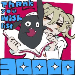 Rule 34 | &gt; &lt;, 1girl, akutagawa yomuko, alien, animal ears, artist request, black eyes, black tail, blonde hair, blush stickers, book, border, closed eyes, commentary, commentary request, double-parted bangs, english text, eyes over blush, fangs, gogh: focus with your avatar, heart, heart print, highres, holding, holding book, hood, hood down, hooded jacket, jacket, kuroda 42, long hair, long tail, looking at viewer, lower teeth only, milestone celebration, official art, open book, open mouth, print shirt, rabbit ears, red background, second-party source, shirt, simple background, sweatdrop, tail, teeth, thank you, towel, towel on head, twintails, unzipped, upper teeth only, white border, white hood, white jacket, white shirt, white sleeves