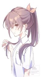 Rule 34 | 1girl, arm at side, bespectacled, bloom festival (project sekai), breast pocket, breasts, brown eyes, brown hair, closed mouth, collared shirt, commentary request, from side, frown, glasses, hair between eyes, hair lift, hair ribbon, hand up, high ponytail, highres, hot, looking at viewer, official alternate hair length, official alternate hairstyle, orange ribbon, ozk9c, pocket, ponytail, project sekai, ribbon, shinonome ena, shirt, sidelocks, sideways glance, simple background, small breasts, solo, sweat, upper body, watermark, white background, white shirt