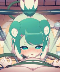 1boy 1girl animated censored chest_tuft cuffs fellatio foreskin furry furry_female furry_with_non-furry fxx green_eyes green_hair highres interspecies licking licking_penis monster_girl oral penis pov prison_cell shackles tagme tail