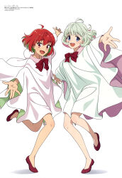 2girls :d absurdres ahoge bare_legs blue_eyes bow bowtie colored_inner_hair dress fujii_kana green_hair healer_girl highres hokkaido_azmacy_inc. looking_at_viewer magazine_scan megami_magazine morishima_hibiki multicolored_hair multiple_girls official_art open_mouth pink_hair red_bow red_bowtie red_eyes red_hair red_shoes scan shoes smile standing standing_on_one_leg white_background white_dress