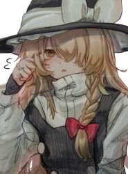 Rule 34 | 1girl, @ @, black vest, blonde hair, braid, hair ribbon, hat, highres, karasu2020 8, kirisame marisa, long hair, long sleeves, looking at viewer, one eye covered, open mouth, ribbon, solo, sweater, touhou, upper body, vest, white background, white sweater, witch hat