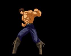 1boy animated animated_gif battle boots game_sprite hokuto_no_ken hokuto_no_ken:_shinpan_no_sousousei_kengou_retsuden hyakuretsu-ken kenshiro kicking lowres male_focus manly muscular pixel_art punching rapid_punches scar solo transparent_background