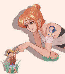 1boy 1girl absurdres bandaged_arm bandages bare_shoulders blue_shorts boned_meat brown_eyes cheek_poking cocoyashin commentary devil_fruit_power elasticity english_commentary food grass hair_bun hat highres holding holding_food looking_at_another meat mini_person miniboy monkey_d._luffy nami_(one_piece) one_piece orange_hair parted_lips poking red_vest sandals short_hair shorts shoulder_tattoo single_sidelock standing straw_hat stretched_limb tattoo upper_body vest