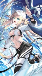 1girl artoria_caster_(fate) artoria_caster_(swimsuit_berserker)_(fate) artoria_caster_(swimsuit_berserker)_(first_ascension)_(fate) artoria_pendragon_(fate) asymmetrical_clothes baseball_cap bikini bird black_pants blonde_hair blue_sky blush breasts cropped_jacket fate/grand_order fate_(series) green_eyes hat highres jacket kousaki_rui long_hair long_sleeves looking_at_viewer navel open_mouth pants sandals shrug_(clothing) single_pantsleg sky small_breasts smile solo swimsuit thighs twintails water white_bikini white_hat white_jacket