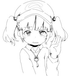 1girl backpack bag blush breasts cactas7 flat_cap hair_bobbles hair_ornament hat highres kawashiro_nitori key long_sleeves looking_at_viewer monochrome nervous simple_background small_breasts solo sweatdrop touhou upper_body white_background
