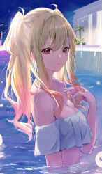 1girl absurdres alternate_costume bare_shoulders bikini blonde_hair breasts cleavage commentary double-parted_bangs earrings film_grain from_side hand_up highres jewelry light_blush long_hair long_sidelocks looking_at_viewer medium_breasts night off-shoulder_bikini off_shoulder partially_submerged pink_eyes pink_hair pool project_sekai sidelocks solo strapless strapless_bikini swimsuit tenma_saki tomura2maru twintails twirling_hair upper_body wet white_bikini