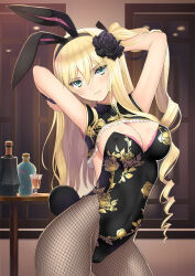 1girl animal_ears arms_behind_head arms_up black_leotard blonde_hair blue_eyes blush breasts cleavage closed_mouth commentary_request covered_erect_nipples covered_navel fake_animal_ears fake_tail figure_available fishnet_pantyhose fishnets floral_print frills gold_trim hair_ornament highleg highleg_leotard indoors jin-lian_(tony_taka) leotard long_hair looking_at_viewer medium_breasts merchandise_available original pantyhose playboy_bunny rabbit_ears rabbit_tail shiny_skin smile solo strapless strapless_leotard tail tony_taka wrist_cuffs