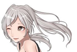 1girl ao_saryaruhu armpit_crease bare_arms bare_shoulders breasts brown_eyes cleavage closed_eyes collarbone eyelashes facing_to_the_side female_focus fire_emblem fire_emblem_awakening floating_hair happy highres light_blush long_hair looking_to_the_side neck no_coat one_eye_closed open_mouth robin_(female)_(fire_emblem) robin_(fire_emblem) shirt sidelocks simple_background sleeveless sleeveless_shirt smile swept_bangs twintails upper_body white_background white_hair