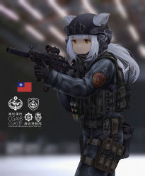 1girl animal_ears black_gloves black_headwear bulletproof_vest chin_strap chinese_commentary chinese_text commentary_request cowboy_shot ears_through_headwear fang_zhenjun gloves grey_jacket grey_pants gun headphones helmet holding holding_gun holding_weapon jacket long_hair military combat_helmet orange_eyes original pants republic_of_china_flag sidelocks solo submachine_gun suppressor tactical_clothes taiwan translation_request walkie-talkie walking weapon weapon_request white_hair