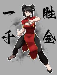1girl absurdres black_eyes black_hair black_pants braid braided_hair_rings china_dress chinese_clothes chinese_text cleavage_cutout clothing_cutout copyright_name double_bun dress fighting_stance full_body hair_bun hair_rings highres isshou_senkin kung_fu looking_at_viewer outline pants pelvic_curtain red_dress slippers solo white_outline yitian123 yuzuha_lee