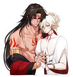 2boys absurdres arm_tattoo asura_(onmyoji) bishounen black_hair blonde_hair chest_tattoo closed_mouth commentary earrings eyeliner facial_mark green_eyes height_difference highres holding_hands jewelry konsai_2 long_hair makeup male_focus multicolored_hair multiple_boys multiple_rings onmyoji red_eyeliner red_eyes red_hair red_tattoo ring short_hair simple_background streaked_hair symbol-only_commentary taishakuten_(onmyoji) tattoo toned toned_male two-tone_hair upper_body white_background
