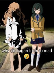 2girls bare_arms bare_legs black_hair black_rock_shooter black_skirt brown_hair commentary_request crossed_bangs crying_emoji dress emoji english_text face_in_shadow frilled_dress frills glasses green_eyes hair_between_eyes highres izuriha_kagari jacket light_brown_hair meme messy_hair multiple_girls photo_background pleated_skirt shirt sidelocks sidewalk skirt sweatdrop takanashi_yomi unkempt white_dress white_shirt why_dis_ninja_look_so_mad_(meme) yellow_jacket you92