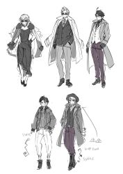 Rule 34 | 1girl, 4boys, ahoge, austria (hetalia), axis powers hetalia, belt, boots, bow, bowtie, breast pocket, breasts, bulgaria (hetalia), buttons, closed mouth, coat, collared shirt, commentary request, dress, flower, formal clothes, full body, fur-trimmed jacket, fur trim, glasses, greyscale, hair flower, hair ornament, hand in pocket, hand on own hip, hat, himaruya hidekazu, holding, holding wallet, hungary (hetalia), jacket, jewelry, lapels, long hair, long sleeves, looking at viewer, medium breasts, monochrome, multiple boys, necklace, necktie, netherlands (hetalia), official alternate costume, official art, open clothes, open coat, open jacket, pants, pocket, puffy long sleeves, puffy sleeves, romania (hetalia), rose, semi-rimless eyewear, shirt, shoes, short hair, simple background, smile, suit, suit jacket, sunglasses, sweater, teeth, tie clip, two-sided coat, two-sided fabric, two-sided jacket, vest, wallet, wide sleeves
