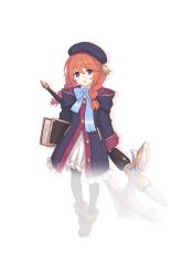 1girl arms_at_sides beret black_coat black_hat black_pantyhose blouse blue_bow blue_bowtie book bow bowtie braided_twintails brown_shoes coat collared_shirt drop_shadow frilled_shirt frills full_body hair_between_eyes hat holding holding_book holding_pen hood hood_down hooded_coat long_hair long_sleeves looking_at_viewer official_art open_clothes open_coat open_mouth orange_hair pantyhose pen princess_connect! purple_eyes school_uniform shirt shoes simple_background solo st._theresa&#039;s_girls_academy_school_uniform standing tachi-e transparent_background white_shirt yuni_(princess_connect!)