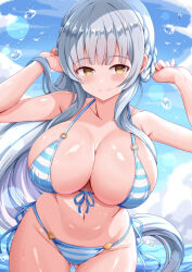 1girl arm_up bare_arms bikini blue_bikini blue_sky blunt_bangs blush braid breasts closed_mouth cloud collarbone commentary_request day gluteal_fold grey_hair groin hand_up highres horizon kashiwagi_saki large_breasts long_hair looking_at_viewer navel ocean ongeki outdoors side-tie_bikini_bottom sidelocks skindentation sky smile solo striped_bikini striped_clothes swimsuit thighs very_long_hair water_drop xenon_(for_achieve) yellow_eyes