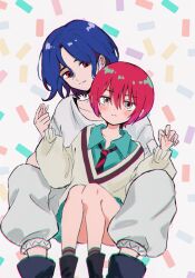 Rule 34 | 1boy, 1girl, :i, amate yuzuriha, aqua eyes, between legs, black necktie, blue hair, blush, collared shirt, colored inner hair, commentary request, feet out of frame, gundam, gundam gquuuuuux, holding hands, long sleeves, multicolored hair, necktie, nekomo nya, pants, purple hair, red eyes, red hair, red necktie, school uniform, shirt, shoes, short hair, shuji ito, sitting, sitting between lap, skirt, smile, striped necktie, sweater, two-tone hair, two-tone necktie, white shirt