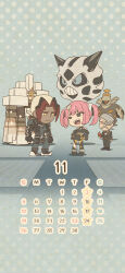 1girl 2boys absurdres bandaid bandana black_eyes black_gloves black_hair black_shoes black_skirt bright_pupils calendar_(medium) cellphone chibi closed_eyes closed_mouth clothing_cutout commentary_request coral_(pokemon) dusknoir eyelashes facial_hair fang floating garganacl gen_3_pokemon gen_4_pokemon glalie gloves grey_hair hair_ornament hair_over_one_eye hamber_(pokemon) hands_on_own_hips highres holding holding_phone horns midriff mojacookie multicolored_hair multiple_boys muscular muscular_male mustache nintendo official_art old old_man one-eyed open_mouth pants phone pink_hair pokemon pokemon_(anime) pokemon_(creature) pokemon_horizons polka_dot polka_dot_background red_hair rotom rotom_phone second-party_source shirt shoes short_hair shoulder_cutout sidian_(pokemon) skirt sleeves_past_fingers sleeves_past_wrists smartphone standing star_(symbol) teeth two-tone_hair upper_teeth_only white_bandana white_pupils yellow_eyes
