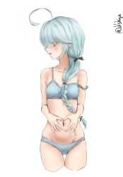 1girl ahoge bra braid breasts cropped_legs gluteal_fold grey_bra grey_hair grey_panties hair_over_eyes hamanami_(kancolle) heart heart_hands heart_hands_over_stomach highres kantai_collection lilshigu long_hair looking_to_the_side navel one-hour_drawing_challenge panties simple_background single_braid small_breasts solo strap_slip thigh_gap training_bra twitter_username underwear white_background