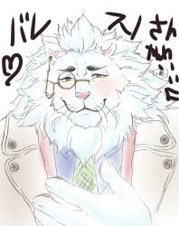 1boy animal_ears blush closed_mouth commentary_request furry furry_male green_eyes irurahiko lion_boy lion_ears lion_mane male_focus monocle official_alternate_costume pawpads smile snow_(housamo) tokyo_houkago_summoners translation_request whiskers white_background