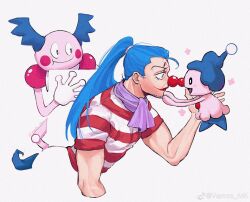 Rule 34 | 1boy, ascot, buggy the clown, clown nose, crossover, facepaint, gen 1 pokemon, gen 4 pokemon, highres, holding, holding pokemon, long hair, looking at another, male focus, mime jr., mr. mime, nintendo, noses touching, one piece, pokemon, pokemon (creature), ponytail, purple ascot, shirt, simple background, smile, striped clothes, striped shirt, trait connection, vamos mk