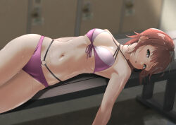 1girl :o amami_haruka bikini blurry blurry_background blush breasts brown_hair commission criss-cross_halter front-tie_bikini_top front-tie_top green_eyes halterneck highres idolmaster idolmaster_(classic) idolmaster_million_live! indoors locker locker_room looking_at_viewer lying medium_breasts navel o-ring o-ring_bikini on_back on_bench pixiv_commission purple_bikini short_hair solo stomach sweat swimsuit tama_(tamago) thighs