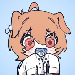 1girl agnes_tachyon_(umamusume) ahoge animal_ears blue_background chemical_structure coat ear_ornament earrings hair_between_eyes highres horse_ears horse_girl jewelry lab_coat long_sleeves ohagi_0909 pacifier red_eyes short_hair simple_background single_earring sleeves_past_fingers sleeves_past_wrists solo tears umamusume white_coat