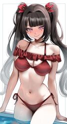 1girl absurdres alternate_breast_size bikini black_hair blush breasts cleavage commentary helldeer highres honkai:_star_rail honkai_(series) large_breasts long_hair navel pool purple_eyes red_bikini simple_background smile solo sparkle_(honkai:_star_rail) stomach swimsuit symbol-only_commentary thighs twintails very_long_hair white_background