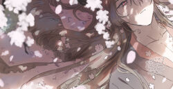 Rule 34 | 1boy, alternate hairstyle, bishounen, black hanfu, brown hair, cherry blossoms, chinese clothes, collarbone, dappled sunlight, dated, falling petals, flower, from above, hair between eyes, hair down, hanfu, highres, in tree, kimako (kimako 8), long hair, looking at viewer, lying, male focus, modao zushi, on back, parted lips, pectoral cleavage, pectorals, petals, pink flower, pink petals, red eyes, solo, sunlight, tree, twitter username, upper body, watermark, wei wuxian, wei wuxian (yiling laozu)